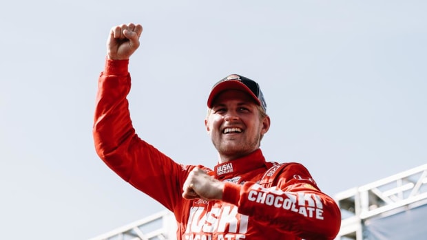 St. Petersburg winner Marcus Ericsson seems to be saying, 'Get ready to see this pose a lot more often.' (Photo courtesy IndyCar)